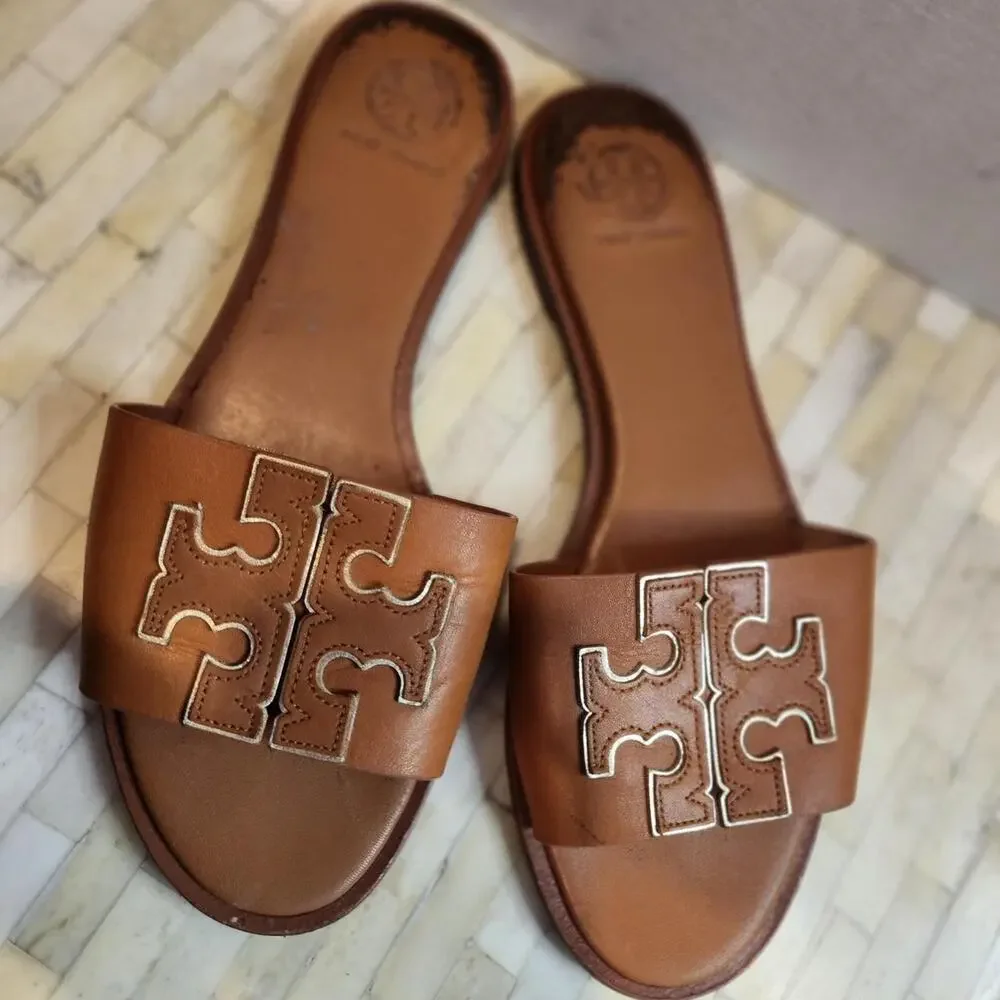 Tory Burch Double T Leather Medallion Slide Sandals
